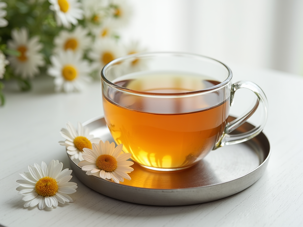 Cup of brewed chamomile tea with chamomile flowers